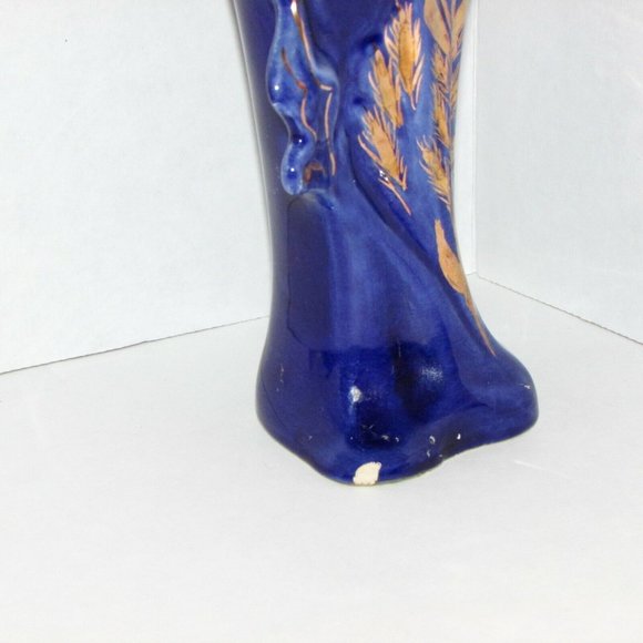 2 Antique Vases JACK-IN-THE PULPIT Ceramic Hand Painted Cobalt Blue Gold Vintage - Picture 8 of 10